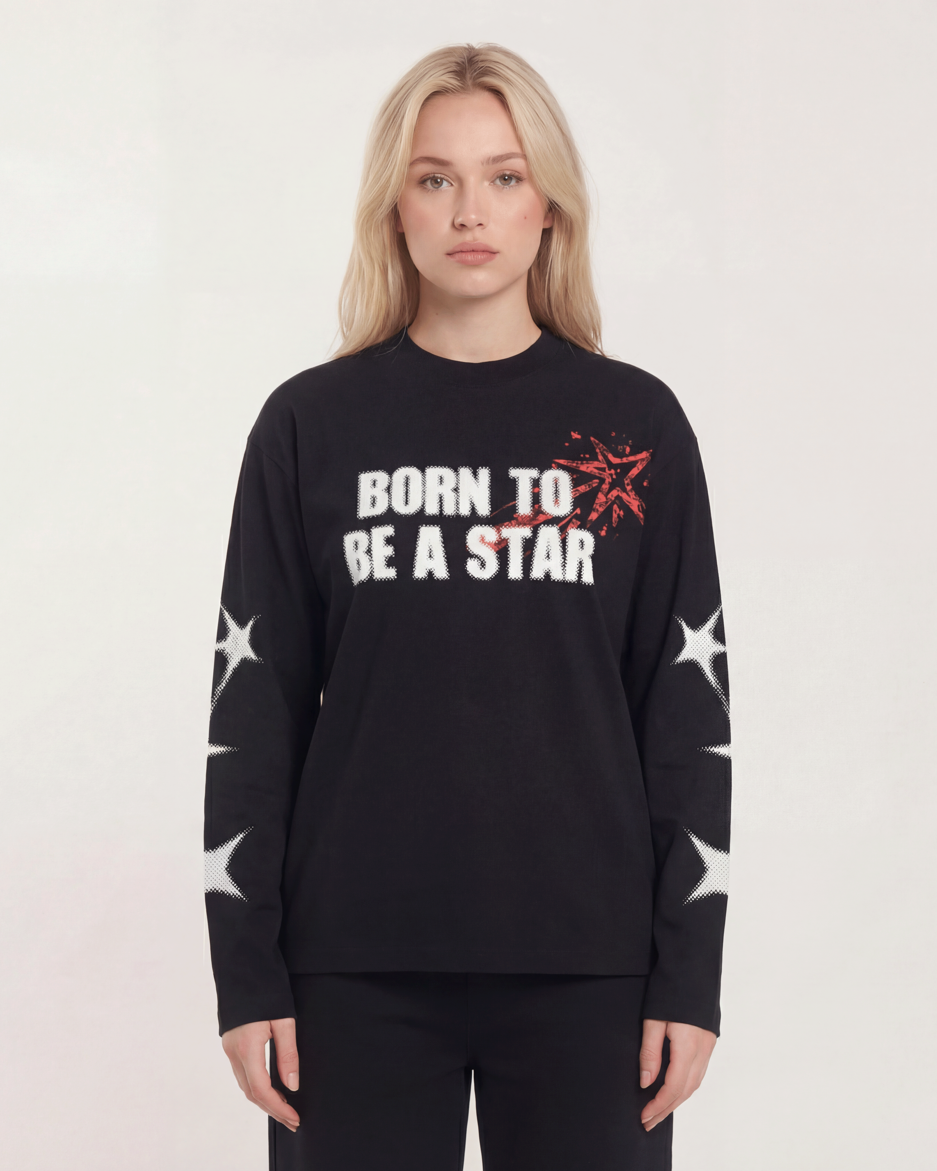 Black star graphic long sleeve shirt with born to be a star black