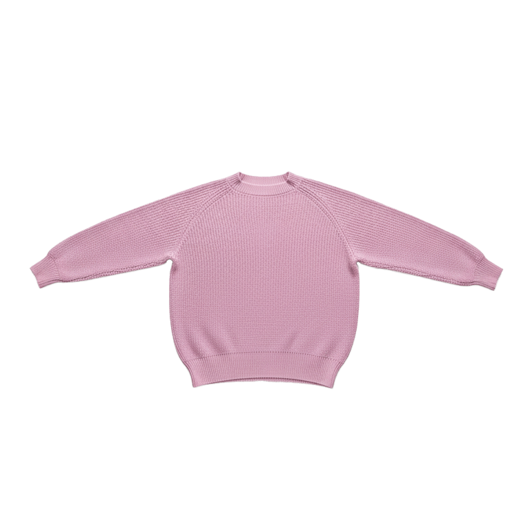 Back view of pink Manifest Knit sweater with text detail