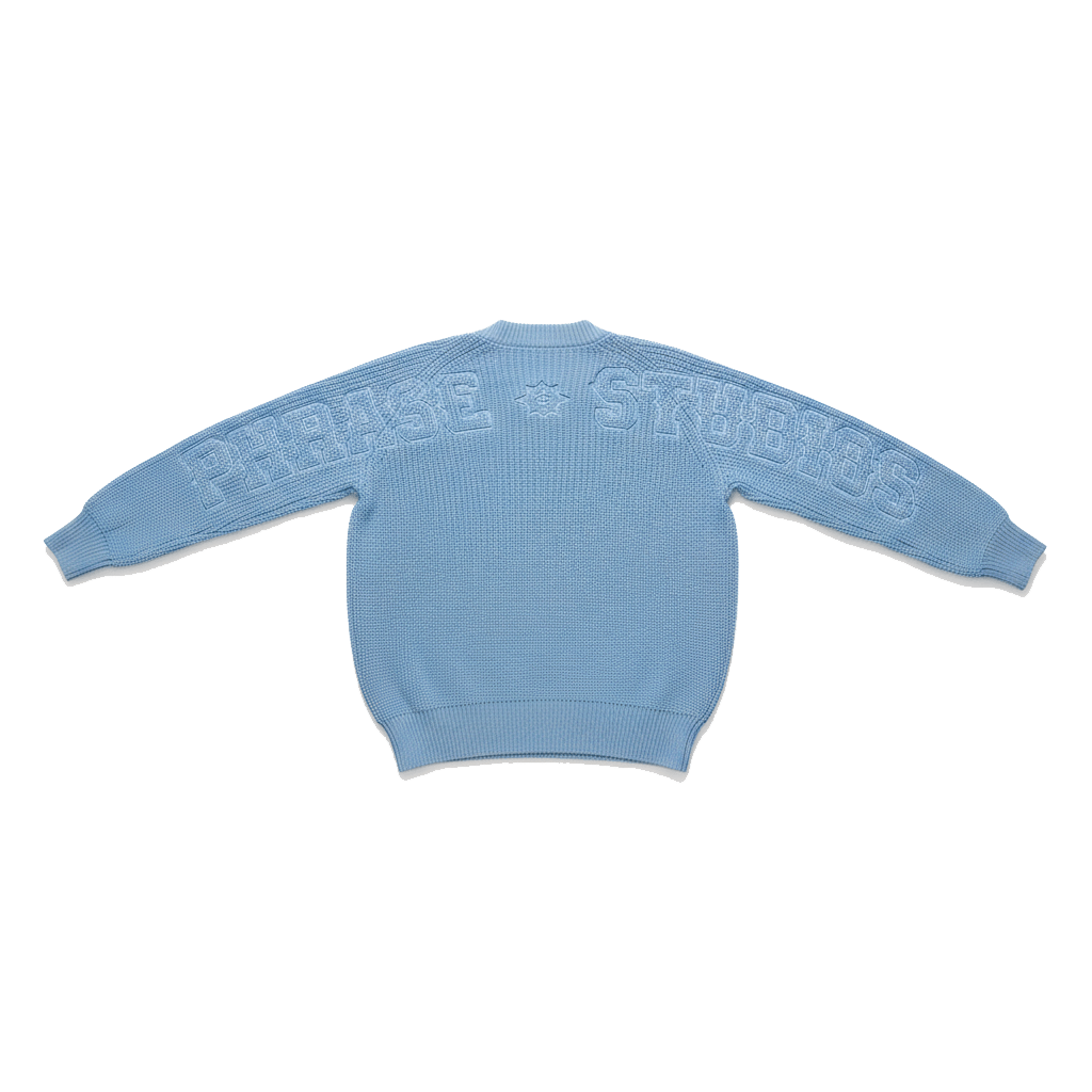 Blue Horizon Knit sweater with embossed text