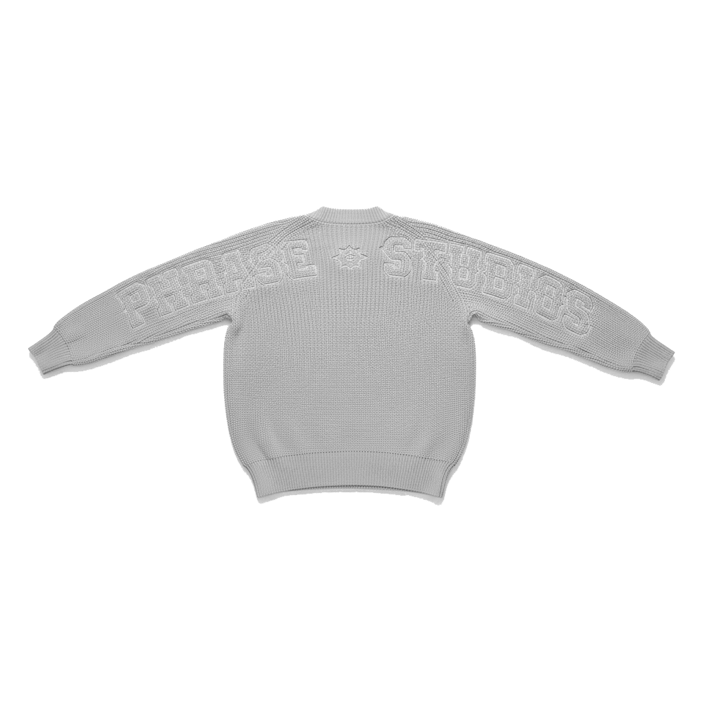 Gray Horizon Knit sweater with embossed text for apparel and clothing tops