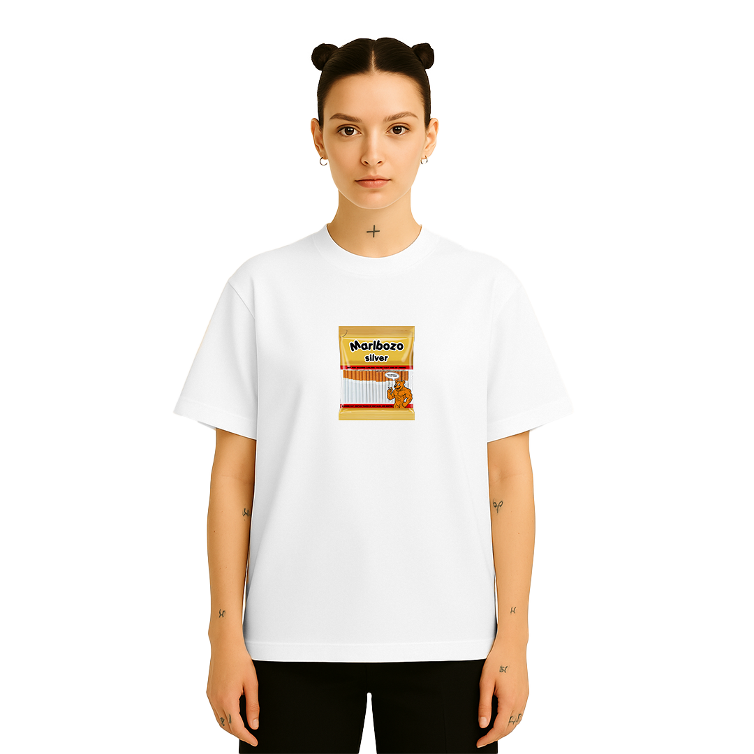 Nostalgic Tee in white worn by model, highlighting oversized fit and satirical candy-pack print, ideal for casual summer wear and unisex fashion.