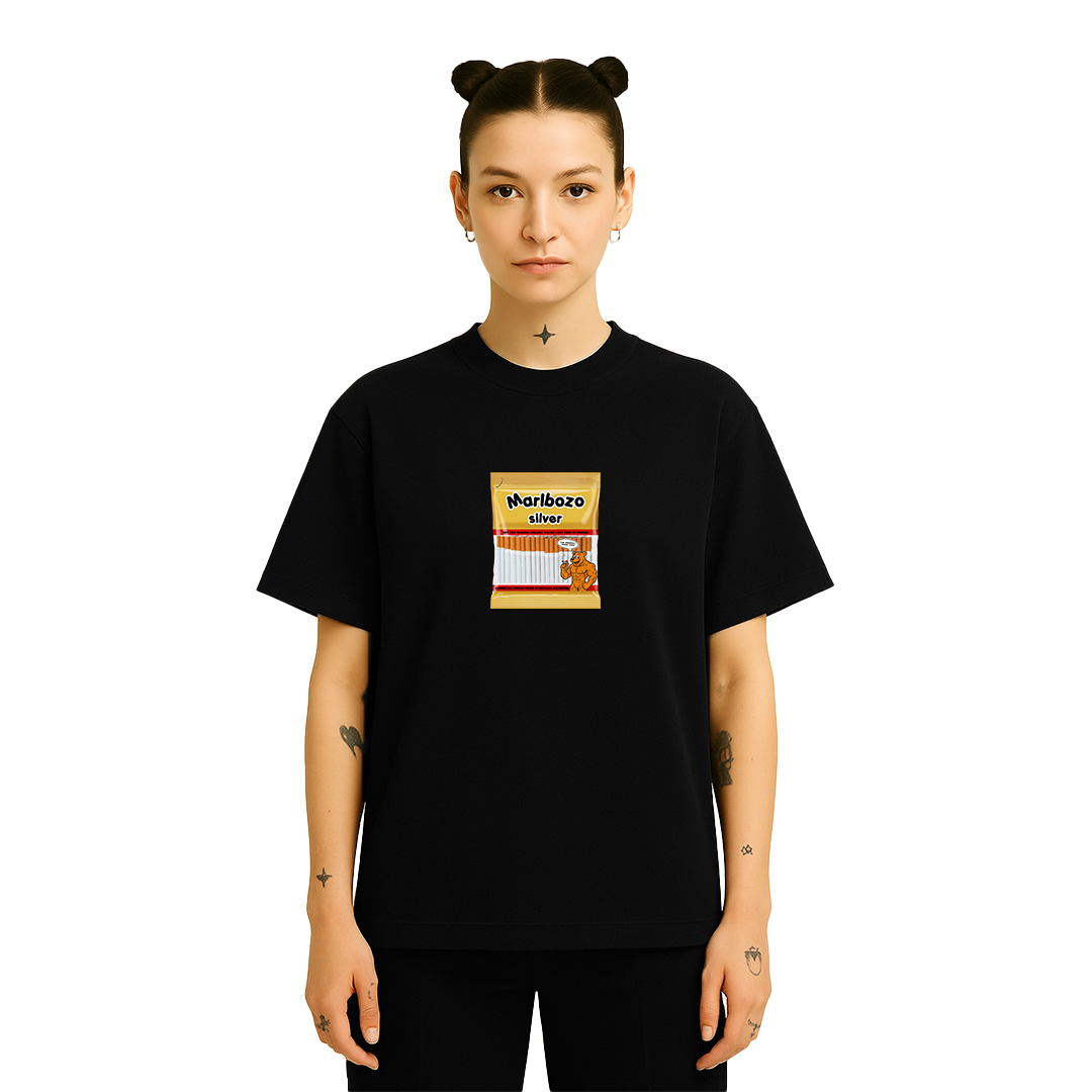 Nostalgic Tee in black featuring a playful graphic of a candy-like cigarette pack with cartoon character, oversized fit for trendy streetwear appeal.