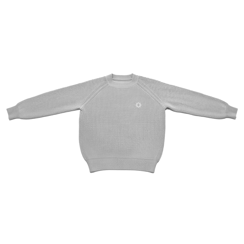 Gray Horizon Knit sweater with embossed text for apparel and clothing tops