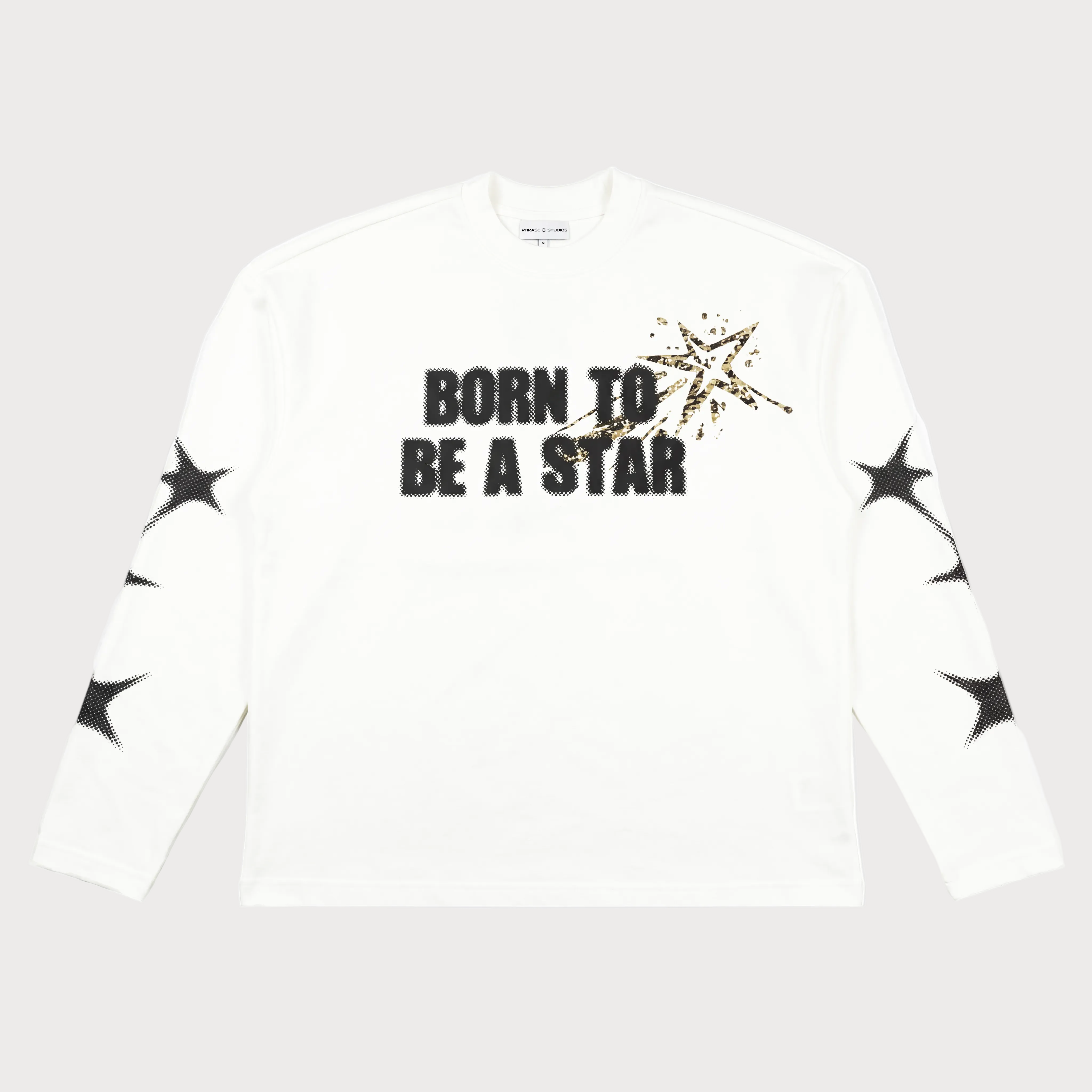 White long sleeve shirt with star print and 'Born to Be a Star' slogan
