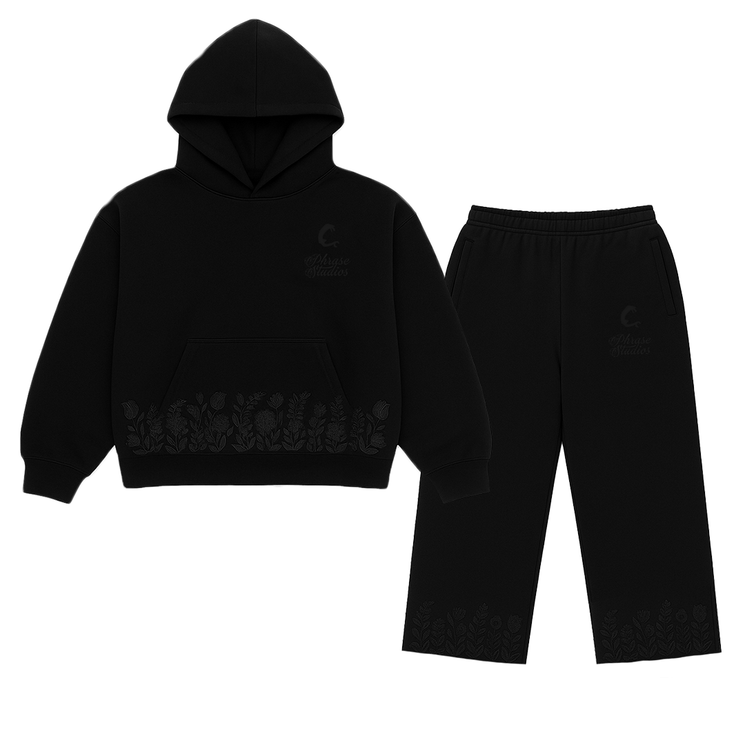 Black hoodie and sweatpants with floral embroidery, unisex apparel