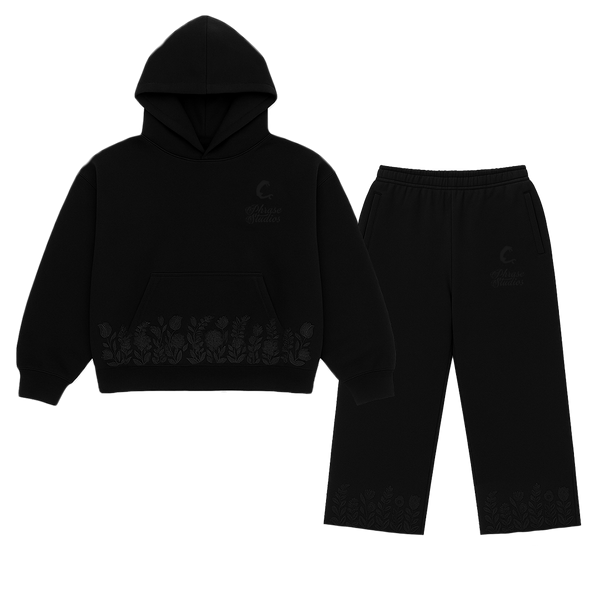 Black hoodie and sweatpants with floral embroidery, unisex apparel