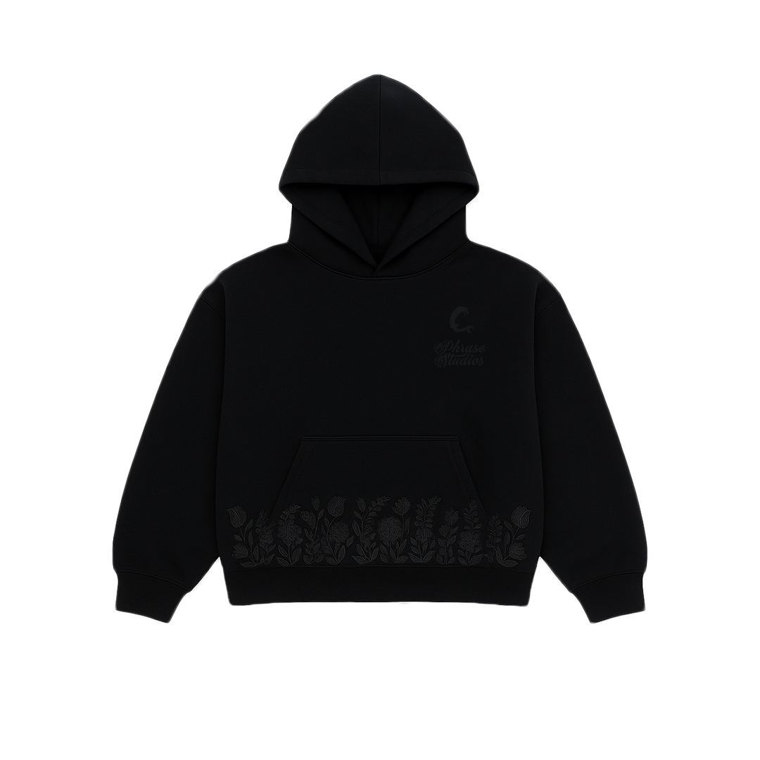 Black hoodie shadow tracksuit with floral embroidery