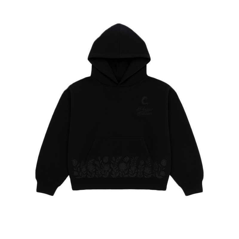 Hoodie Shadow Tracksuit - Bloom Hoodie in black cotton with tonal floral embroidery across the hem, unisex streetwear style.