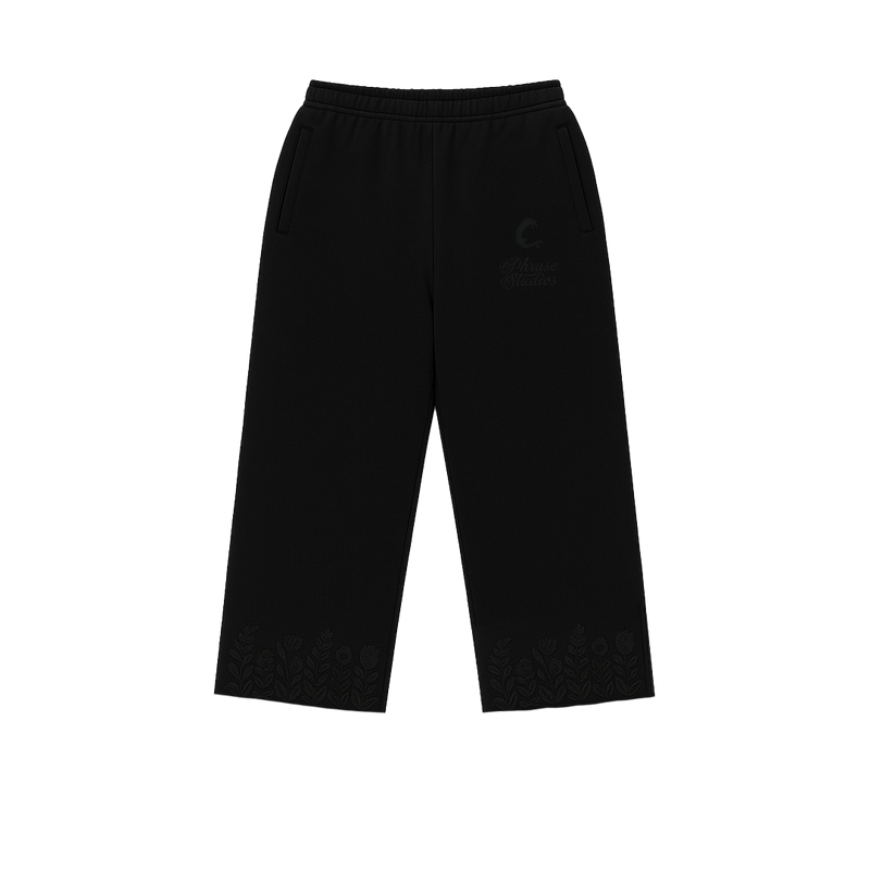 JOGGERS SHADOW TRACKSUIT - Black Floral Tracksuit pants with subtle black-on-black embroidery and wide-leg unisex fit in heavyweight cotton.
