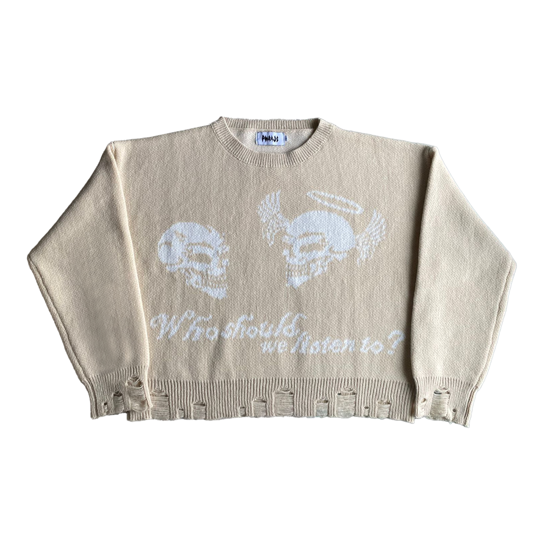 Devil & Angel Knit sweater with skull and angel graphic, oversized fit