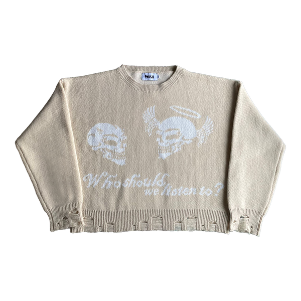 Devil & Angel Knit sweater with skull and angel graphic, oversized fit