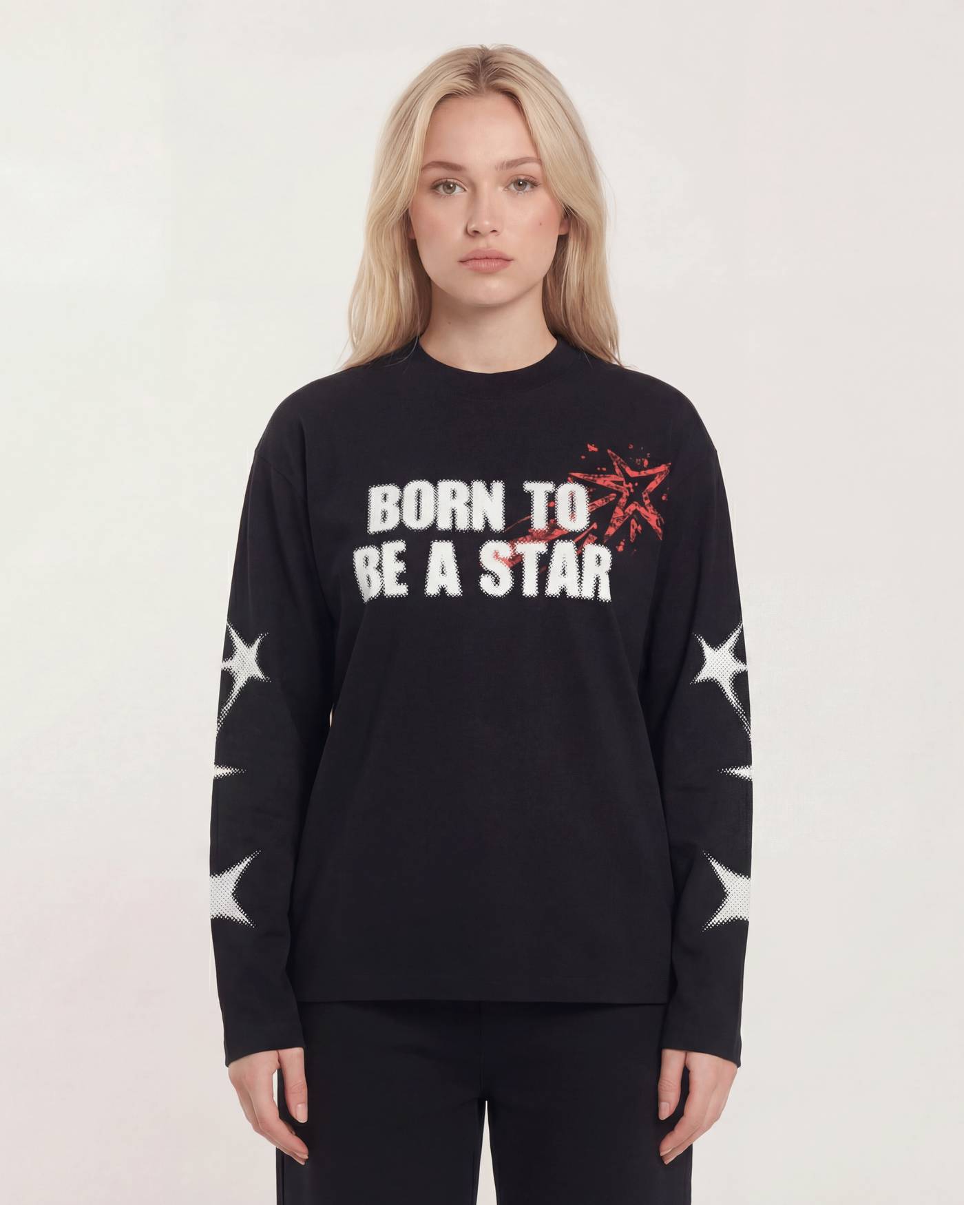 Black star graphic long sleeve shirt with born to be a star black 