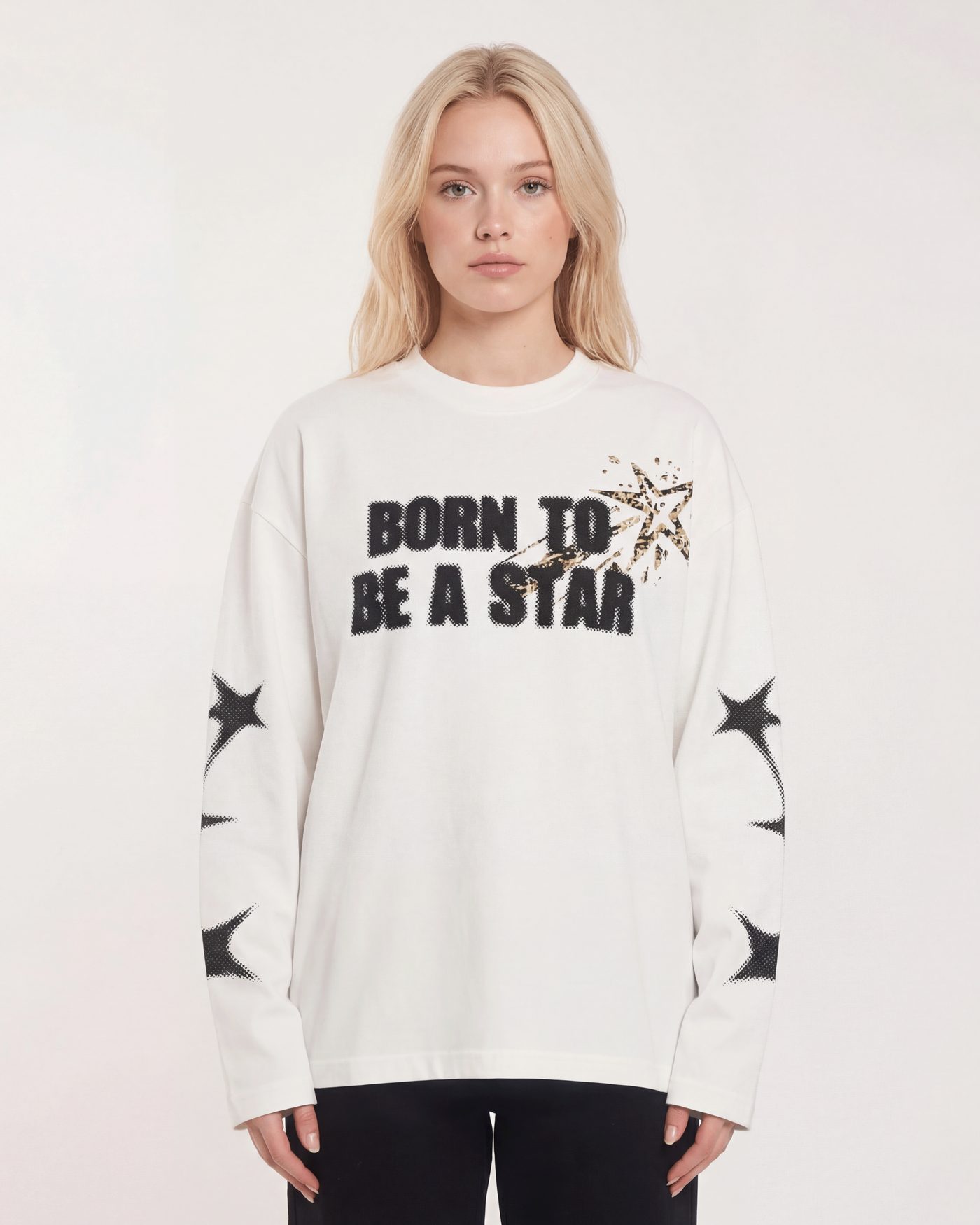 Model wearing white star print long sleeve shirt with born to be a star white 