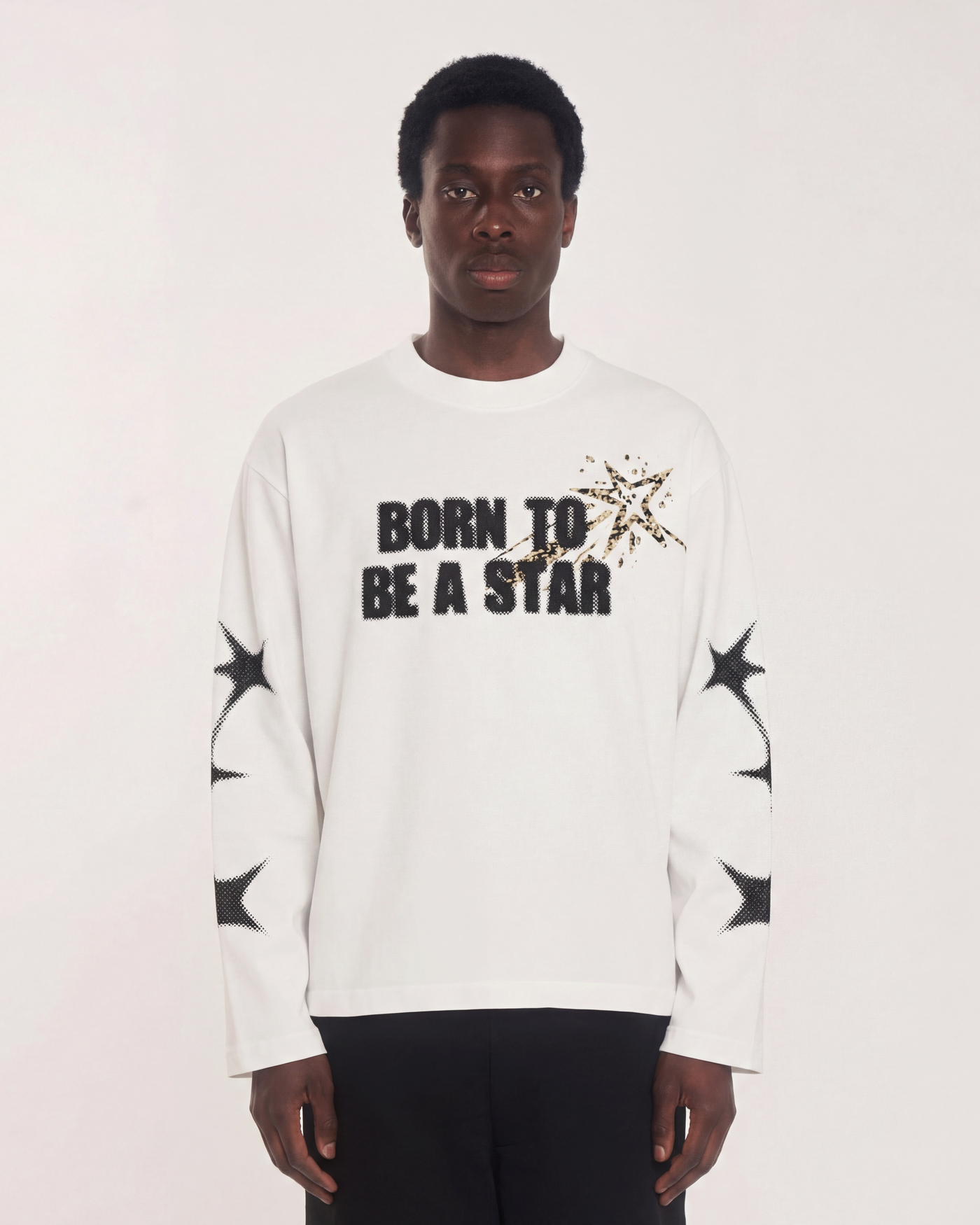 Back view of white star print long sleeve shirt