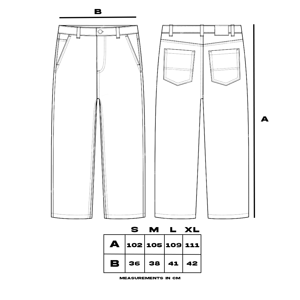 Technical drawing of distressed jeans with size chart