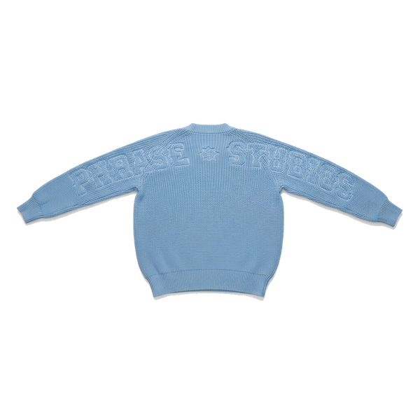 Blue Horizon Knit sweater with embossed text