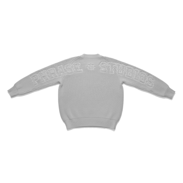 Gray Horizon Knit sweater with embossed text for apparel and clothing tops