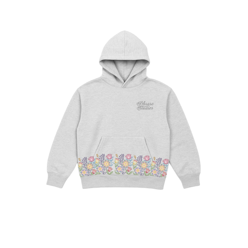 Floral Tracksuit Unisex Hoodie in light grey with colorful embroidered flowers and casual fit, made from 100% cotton for loungewear comfort.